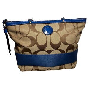 Coach Purse Khaki Signature Blue Stripe Top Zip Tote Shoulder Bag F19046